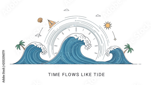 Time Flows Like Tide: A surreal illustration depicting the relentless flow of time visualized as powerful ocean waves, with symbolic elements of travel and tropical shores.
