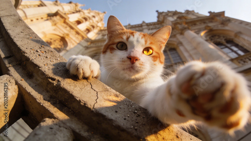 Cute Feline Traveler Posing in Front of Beautiful Golden Cathedral Architecture