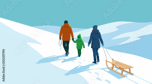Bild auf Leinwand Family (parents and child) walking in snowy winter landscape with sled