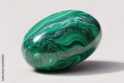 Polished Malachite Gemstone: A smooth, oval-shaped malachite gemstone showcases its distinctive vibrant green swirling patterns and unique banding, casting a subtle shadow on a neutral surface.