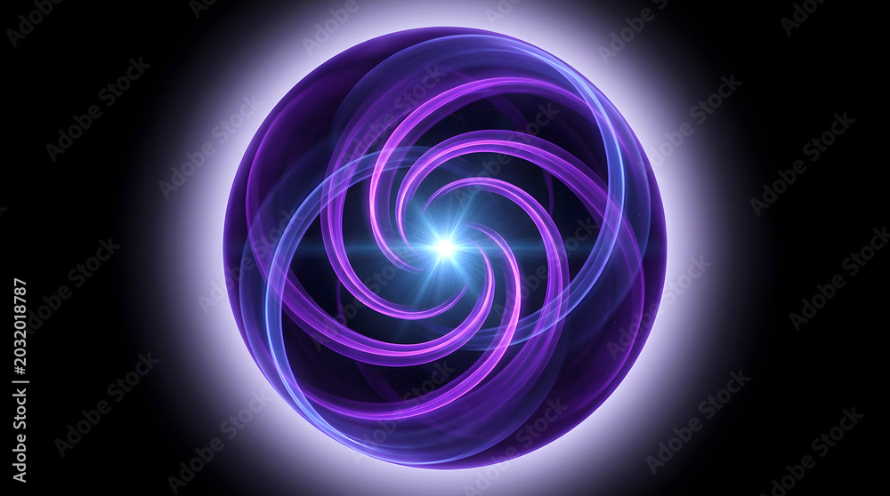 Naklejka premium Abstract Swirls of Light: An ethereal orb of swirling purple and blue light emanates a radiant glow, creating a mesmerizing pattern of energy and motion, a visual representation of cosmic forces.