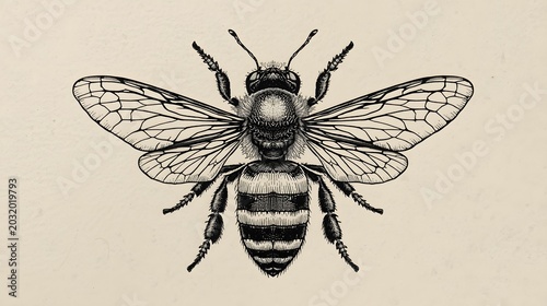 Vintage honey bee illustration in engraving style. Detailed hand drawn sketch of a bumblebee on textured parchment background