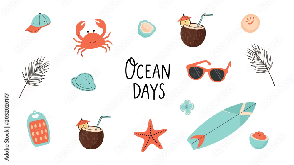 Obraz premium Ocean Days Summer Collection: A whimsical arrangement of beach-themed illustrations featuring a crab, coconuts, sunglasses, a surfboard, starfish, and seashells.