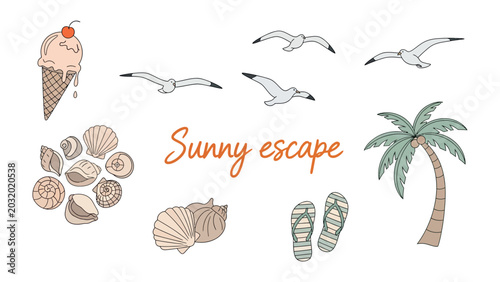 Photos Summer Vacation Essentials: A charming collection of hand-drawn elements evoking a sunny escape, including a melting ice cream cone, a cluster of seashells, a solitary palm tree, soaring seagulls