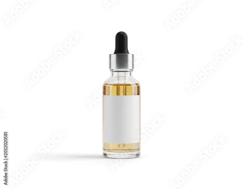 Glass dropper bottle with yellow liquid, isolated on white background