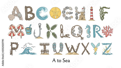 Quadro su tela Alphabetical Ocean Adventure: An imaginative ABC alphabet crafted from charming seaside elements, featuring shells, waves, sand dollars, lighthouses, sandcastles, and coral