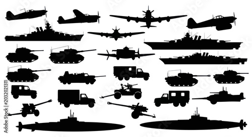 Fotografi Military Vehicle Silhouettes: Aircraft, Ships, Tanks, and Artillery