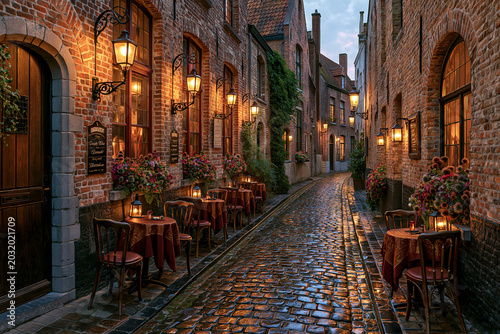 Romantic Belgian Café Alley at Evening