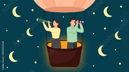 Принти на полотні Couple in hot air balloon exploring night sky with telescope and binoculars