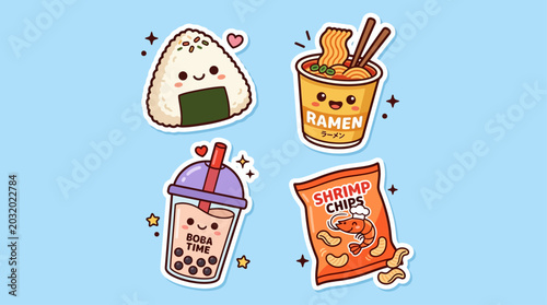 Kawaii Food Stickers Adorable Japanese Onigiri, Ramen, Boba Tea, and Chips Illustrations