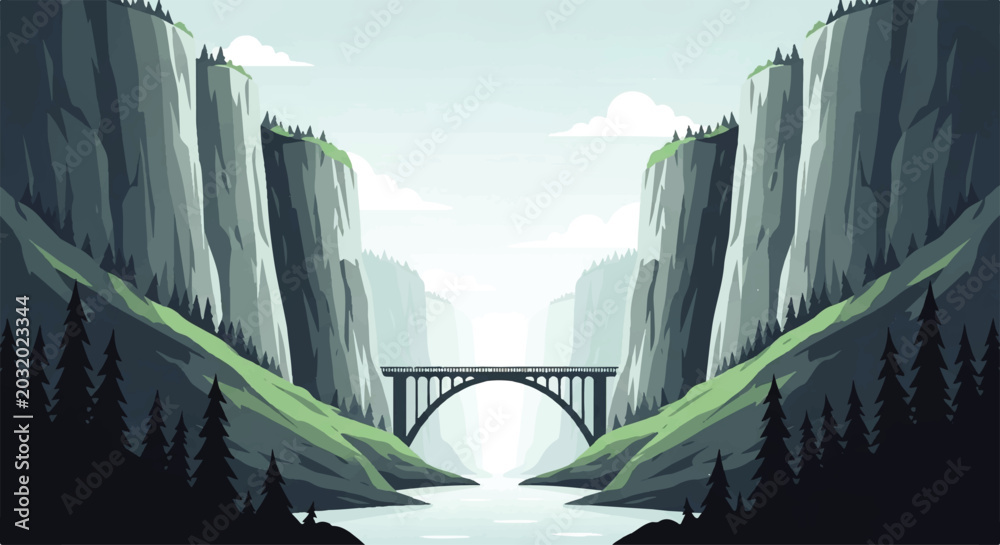 Fototapeta premium Vector flat design illustration of a scenic mountain valley with a bridge over a river and lush green forests