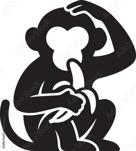 Canvas Print Stylized silhouette of a monkey holding and eating a banana with one hand scratc