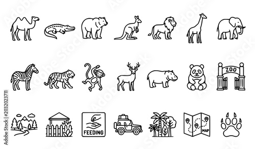 Photography Zoo Line Icon Set Featuring Camel Lion Giraffe Kangaroo and Wildlife Symbols