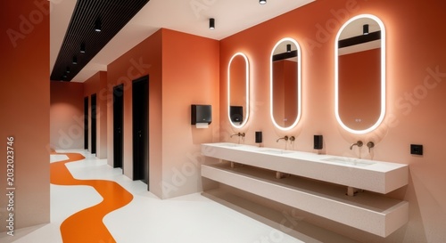 Modern restroom interior with illuminated mirrors and vibrant orange gradient