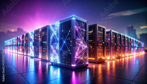 Futuristic glowing data center server racks with bright neon lights on a digital grid