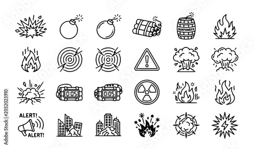 Konstfotografi Explosion Line Icon Set Featuring Bomb Fire Blast and Danger Symbols