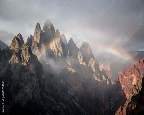 Dramatic Mountain Peaks with a Faint Rainbow and Mist in the Morning Light
