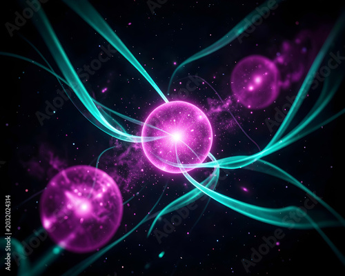 Abstract Science Background Featuring Glowing Purple Spheres and Teal Light Trails
