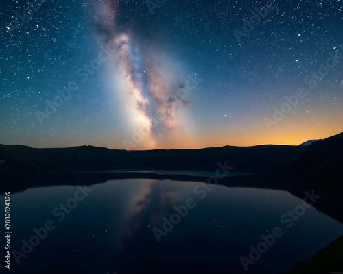 Stunning Milky Way Galaxy Reflection Over a Calm Mountain Lake at Night