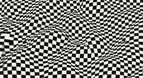 Bild auf Leinwand Abstract distorted checkered pattern with warped black and white squares creating optical illusion liquid wave effect for modern digital graphic design layouts