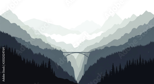 Tableau sur toile Vector flat design illustration of a majestic mountain range with a bridge spann