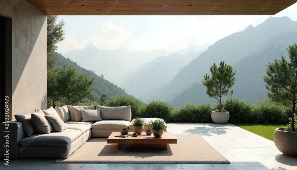 Obraz premium Modern terrace with sofa and coffee table overlooks misty mountains. Rich green plants surrounds outdoor seating area. Peaceful retreat with panoramic nature views.