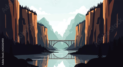 Quadro em tela Vector flat design illustration of a majestic bridge spanning a calm river betwe