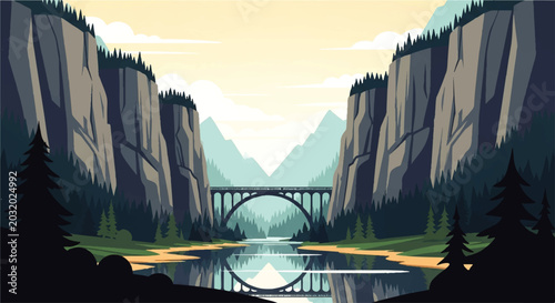 Картината върху платно Vector flat design illustration of a majestic mountain canyon with a river and b
