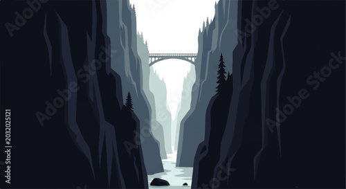 Foto Vector flat design illustration of a majestic canyon with a bridge spanning the