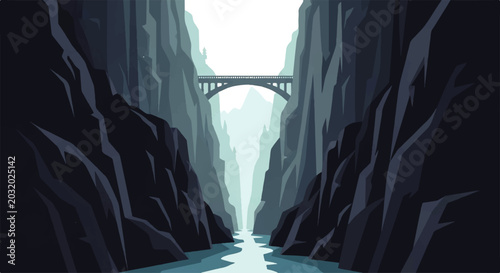 Canvastavla Vector flat design illustration of a dramatic canyon landscape with a bridge spa