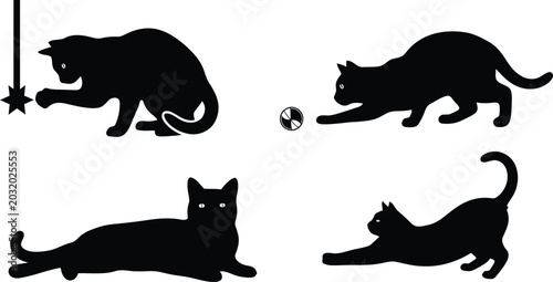 Black cat silhouettes playing and relaxing in various poses