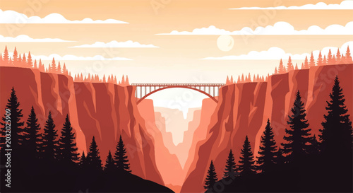 Photography Vector flat design illustration of a majestic bridge spanning a deep canyon with