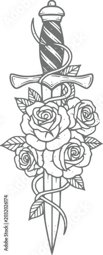 Bilde på lerret A classic black and white tattoo-style featuring a sharp dagger entwined with bl