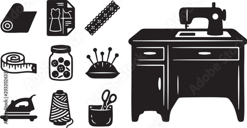 Sewing tools and machine on a worktable illustration
