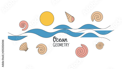 Tableau sur toile Ocean Geometry: A stylized depiction of ocean waves, seashells, and a sun, embodying a minimalist and abstract approach to marine themes