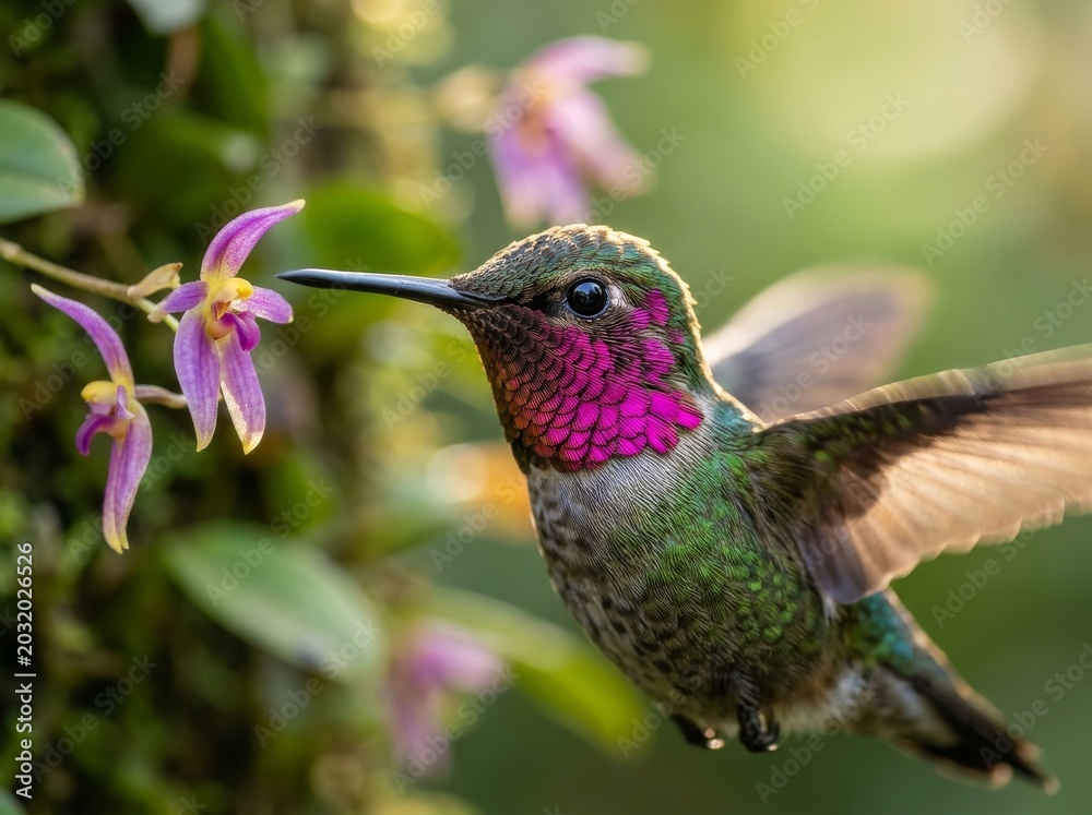 Fototapeta premium Anna's Hummingbird Feeding on Delicate Purple Flowers in Soft Sunlight