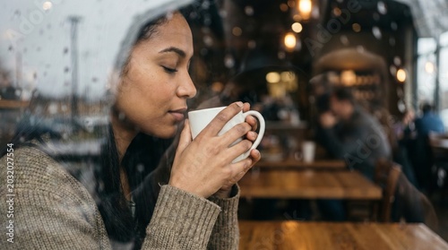 Woman Sipping Coffee In Quiet Workspace  Mindful Respite
