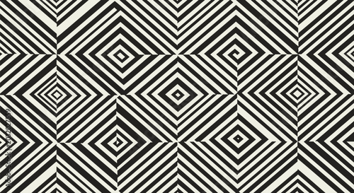 Fotografi Bold optical illusion pattern, alternating black and white diagonal stripes and squares creating a hypnotic visual effect, abstract geometric background