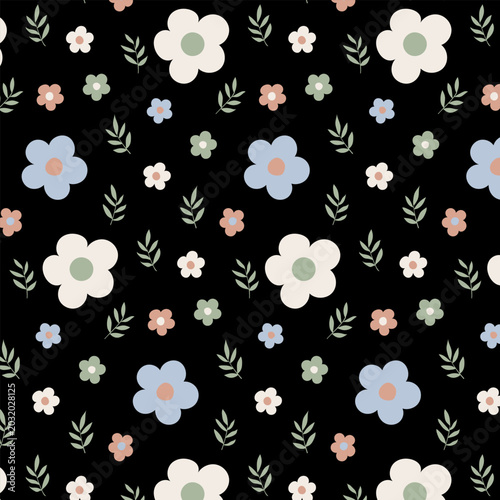 Seamless Floral Pattern with Retro Pastel Flowers and Leaves on Black Background