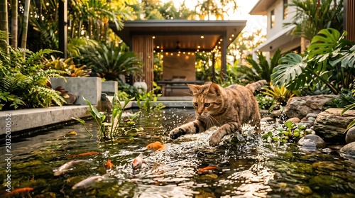 Cat Chasing Fish in Fish Pond - A domestic cat chasing fish in a tranquil fish pond surrounded by lush tropical plants.