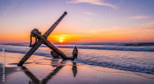 A large metal ship anchor lies embedded in the wet sand along the shoreline with waves crashing gently in the background during a sunset, leisure, boat, shore
