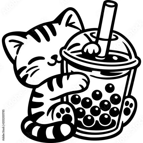Fotografie Cute Boba Lover Cat – Kawaii Kitty Hugging Bubble Tea
