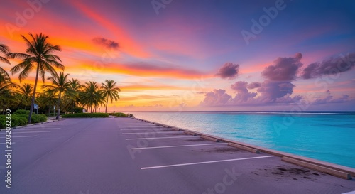 A scenic empty parking area by the crystal blue ocean during sunset with tall coconut palm trees swaying under a vibrant colorful sky, getaway, palm, clouds
