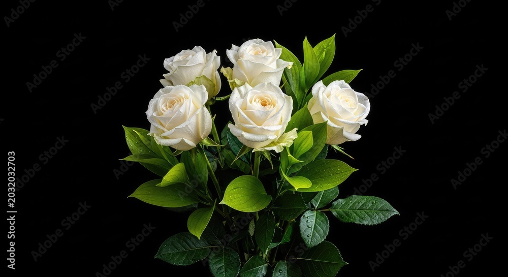 Fototapeta premium A stunning bouquet of five pristine white roses accompanied by vibrant green leaves, elegantly arranged against a solid black background, flora, photography, arrangement