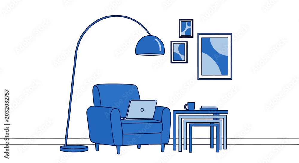 Fototapeta premium Modern interior illustration featuring armchair laptop lamp and art