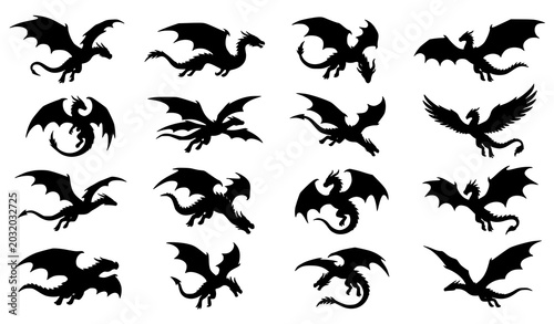 Obraz na płótnie Assorted flying dragon silhouettes collection of mythical winged monster vector