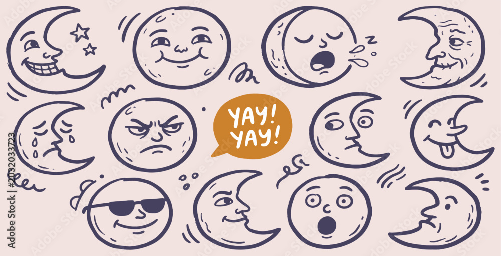 Obraz premium Collection of cartoon moon faces with various emotions and expressions, hand-drawn style.
