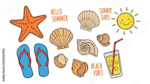 Billede på lærred Summer Beach Icon Set: A vibrant collection of hand-drawn illustrations captures the essence of a perfect summer day at the beach, featuring a cheerful sun, assorted seashells, flip-flops