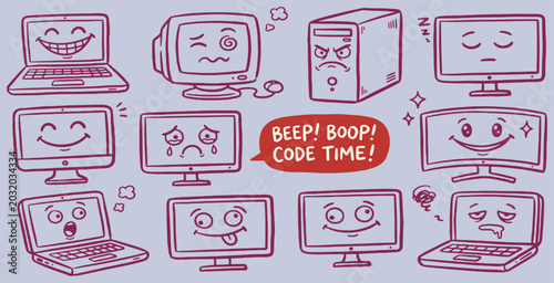 Canvastavla Collection of cartoon computer screens and laptops with various funny and expressive faces, representing emotions and coding