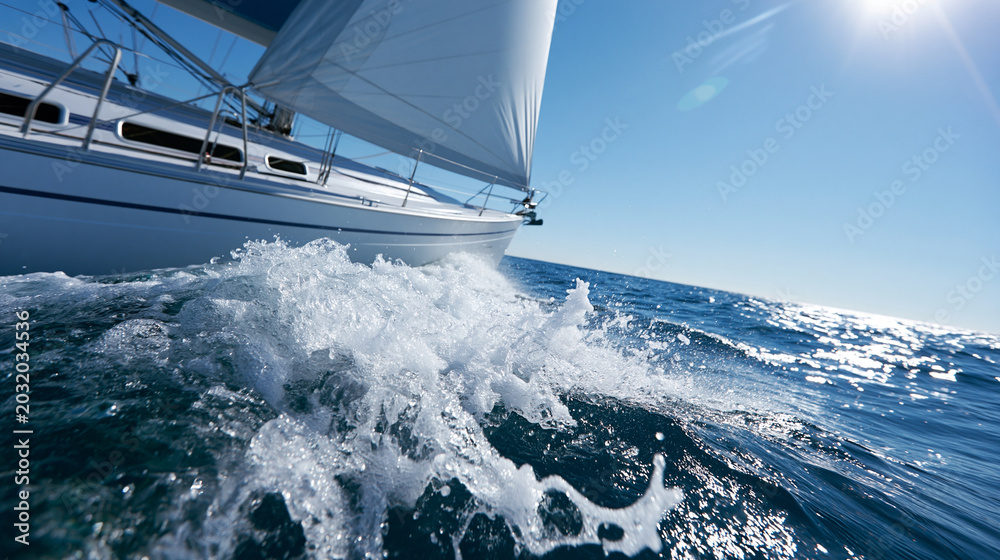 Fototapeta premium Sailing yacht cutting through ocean waves under bright sun, representing adventure, freedom and luxury travel concept.